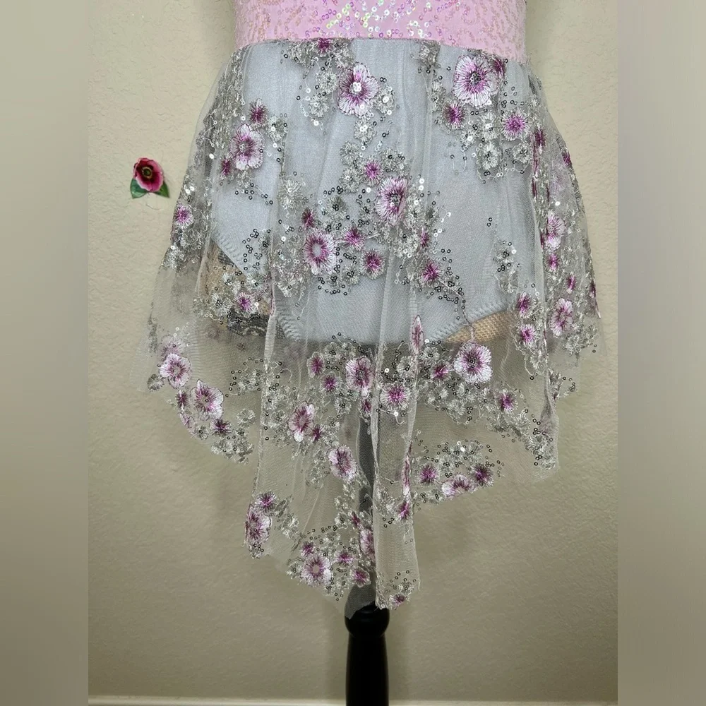 Curtain Call Silver/Gray with Floral Embroidery with Sheer Overskirt Sz Child L